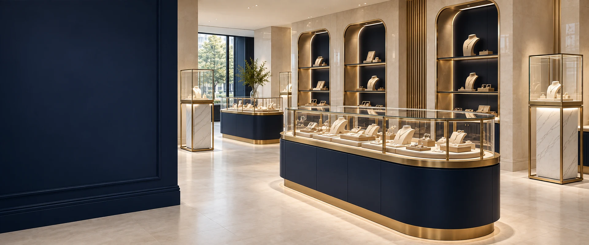 Luxury retail showroom concept with navy display counters, brass-framed glass showcases and warm walnut shelving