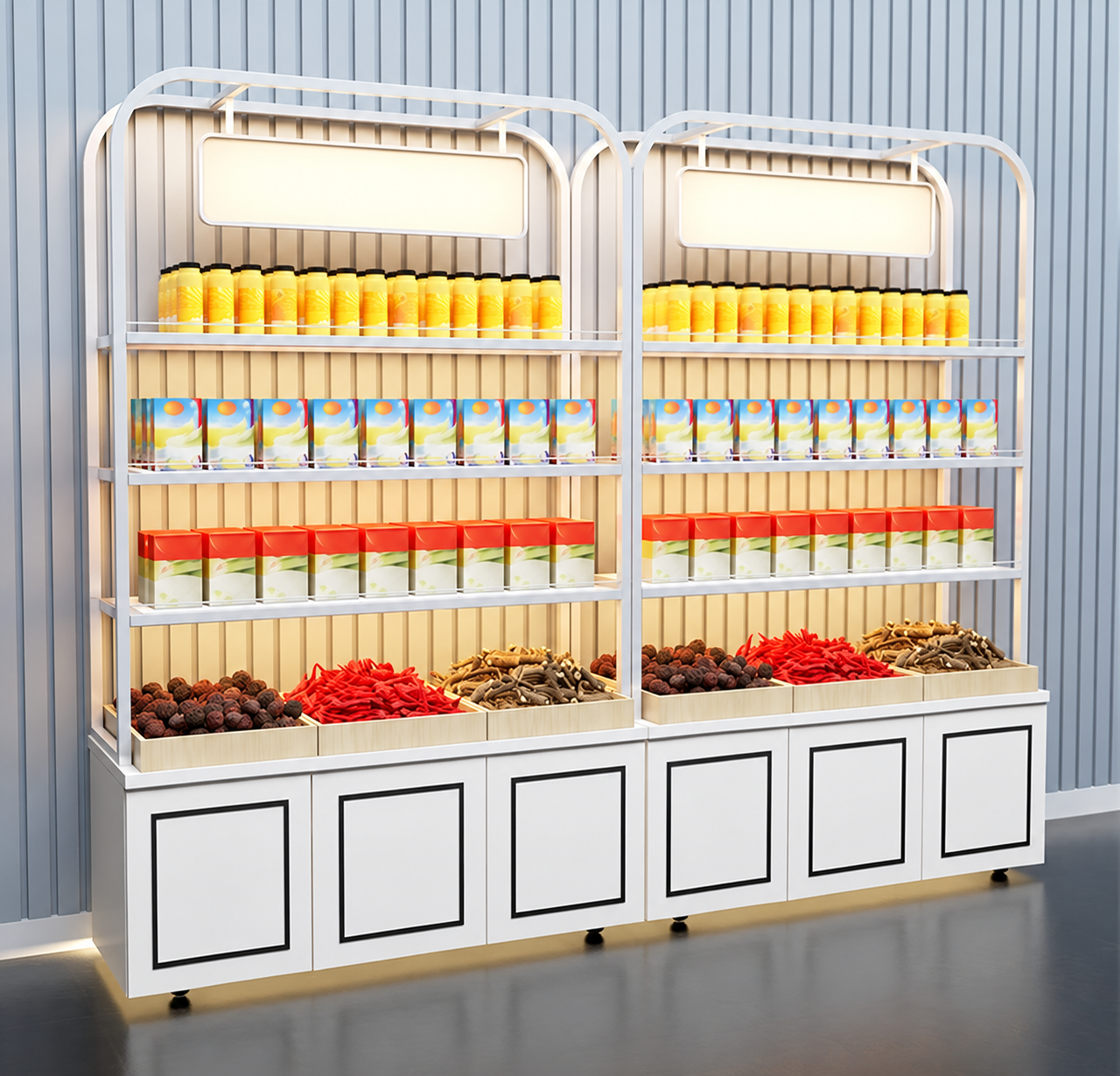 Brand-neutral edited design reference of two white food retail shelving bays with six lower cupboard fronts